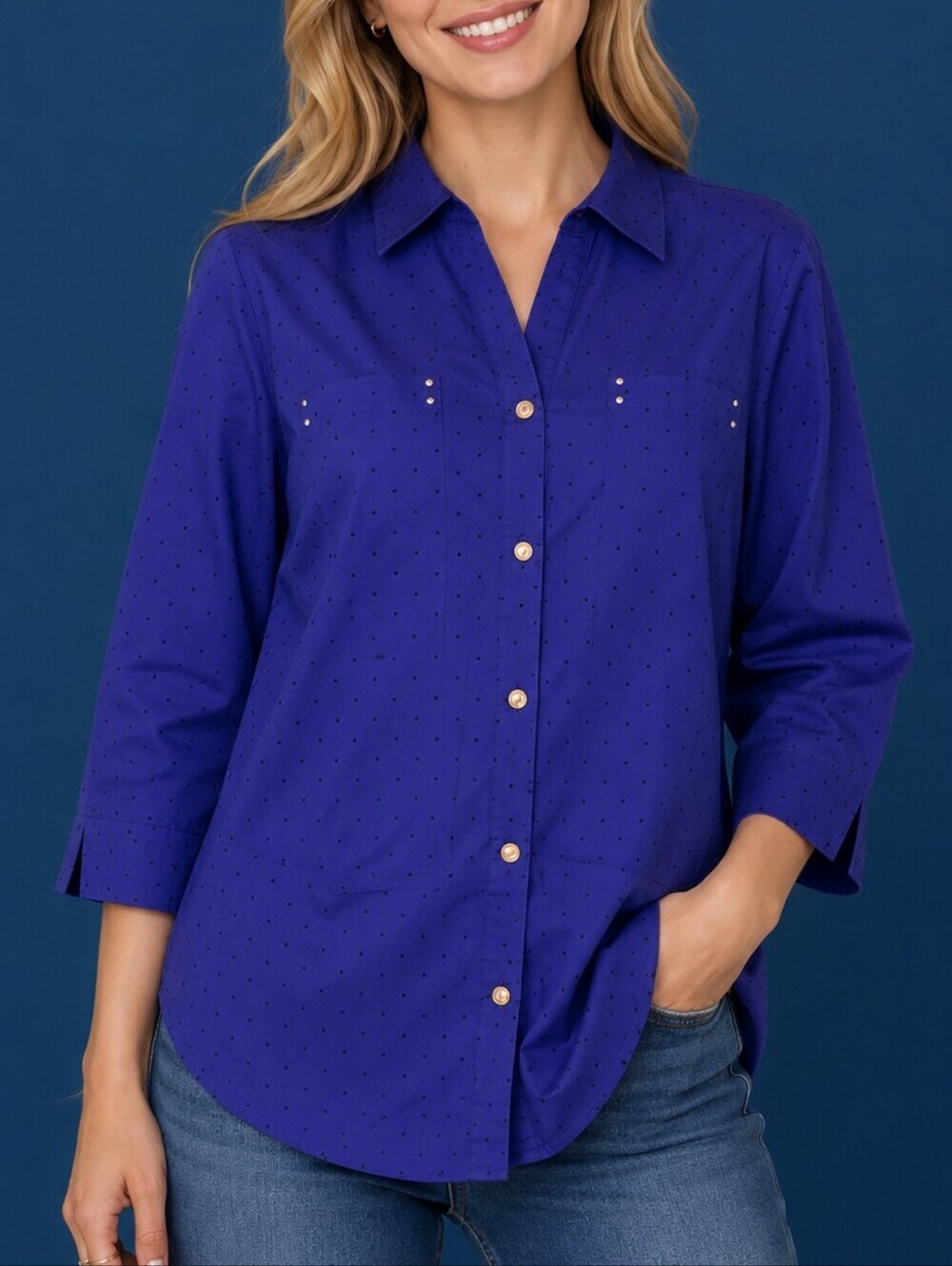 3/$30 Cathy Royal Blue Black Pin Polka Dot Button Down Blouse